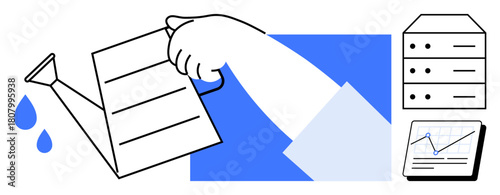 Hand pours water on servers, tablet shows data growth graph. Ideal for technology, data growth, innovation, business development, digital solutions, efficiency sustainability. Simple flat metaphor
