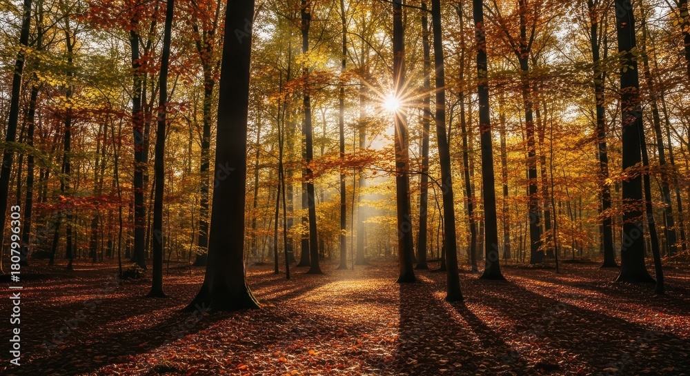 Fototapeta premium Stunning autumn sunlight beaming through vibrant golden forest trees, casting long shadows across the leaf-strewn ground in a tranquil woodland scene