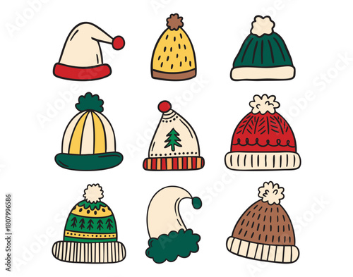 Winter hat icons clipart set with cozy beanies and pom poms, knitted patterns, hand drawn.