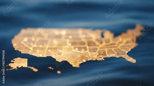 United States Map Floating on Water Surface.