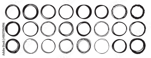 Abstract hand drawn vector circles, round shapes, scribble swirl minimalist elements for design, background logo rough ink drawing