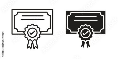 Certificate icon with thin line and flat web symbol on white background