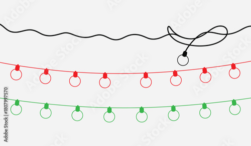 Christmas String Lights Vector Outline Border, Red and Green