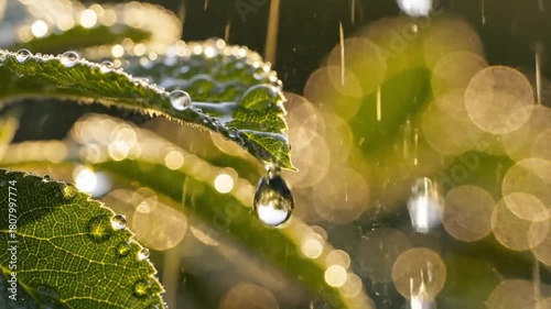 Water droplets on leaves in a garden during rain.