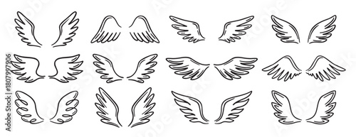 Angel wing doodle hand drawn icon set. Outline drawing angel wings line clipart symbol collection