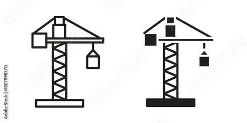 Construction crane icon with thin line and flat web symbol on white background