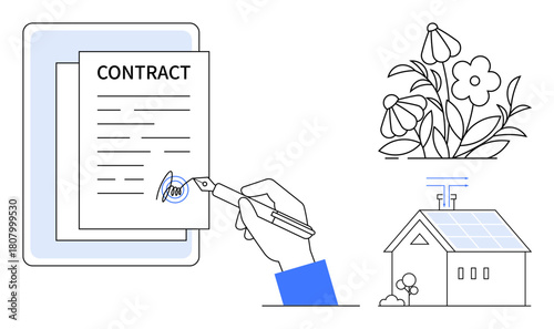 Hand signing document with pen, emphasizing agreement completion. Nearby solar-powered house and flourishing flowers highlight renewable energy, eco-friendly living. Ideal for sustainability, energy