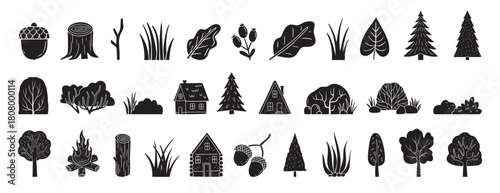 Scandinavian boho forest silhouette isolated elements. mystical and elegant collection various plants forest. Trees, bush, grass, logs, leaves