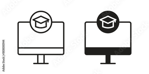 E-learning icon with thin line and flat web symbol on white background