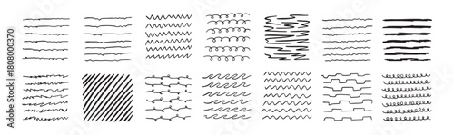 Lines by pen Hand drawn black Doodle strokes, underlines by pencil. Brush scribbles, frames, borders, design elements.