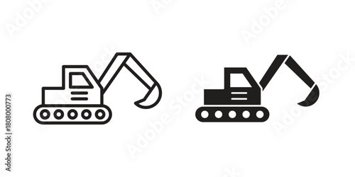 Excavator icon with thin line and flat web symbol on white background