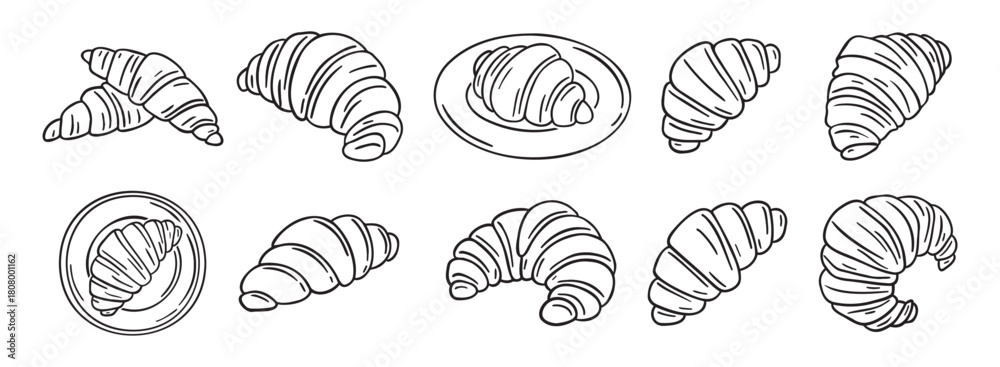 Fototapeta premium croissant doodle hand drawn icon set. Outline drawing croissant french breakfast line clipart symbol collection
