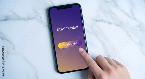 Subscribing and Digital Marketing Concept. Top View of person using Smartphone to making Subscribe on a Favorite Channel. Media Content Strategy