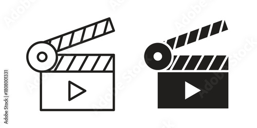 Film clapperboard icon with thin line and flat web symbol on white background