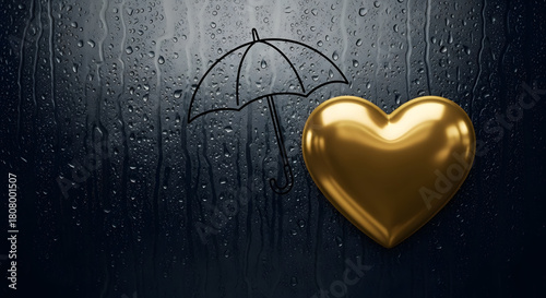 Heart and Hand Drawn of Umbrella on Glass window while Rain