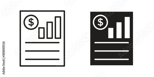 Financial report icon with thin line and flat web symbol on white background