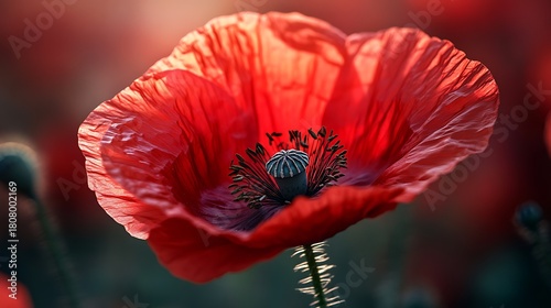 A close up shot of a vibrant red poppy flower with detailed stamen and soft blurred background light