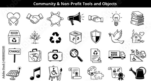 Hand-drawn community  non-profit tools and objects icon set. Collection of line art symbols for charity, social justice, environment, health, and volunteer projects.