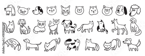 cute dogs and cats doodle hand drawn icon set. Sitting, standing. Outline drawing cats and dogs faces line clipart symbol collection