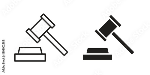 Gavel icon with thin line and flat web symbol on white background
