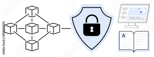 Blockchain nodes, secure lock on shield, computer screen with analytics, open book. Ideal for cybersecurity, blockchain, data protection, online education, technology privacy learning concepts