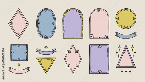 Thin line mystical frames set with stars, medieval boho accents, hand drawn
