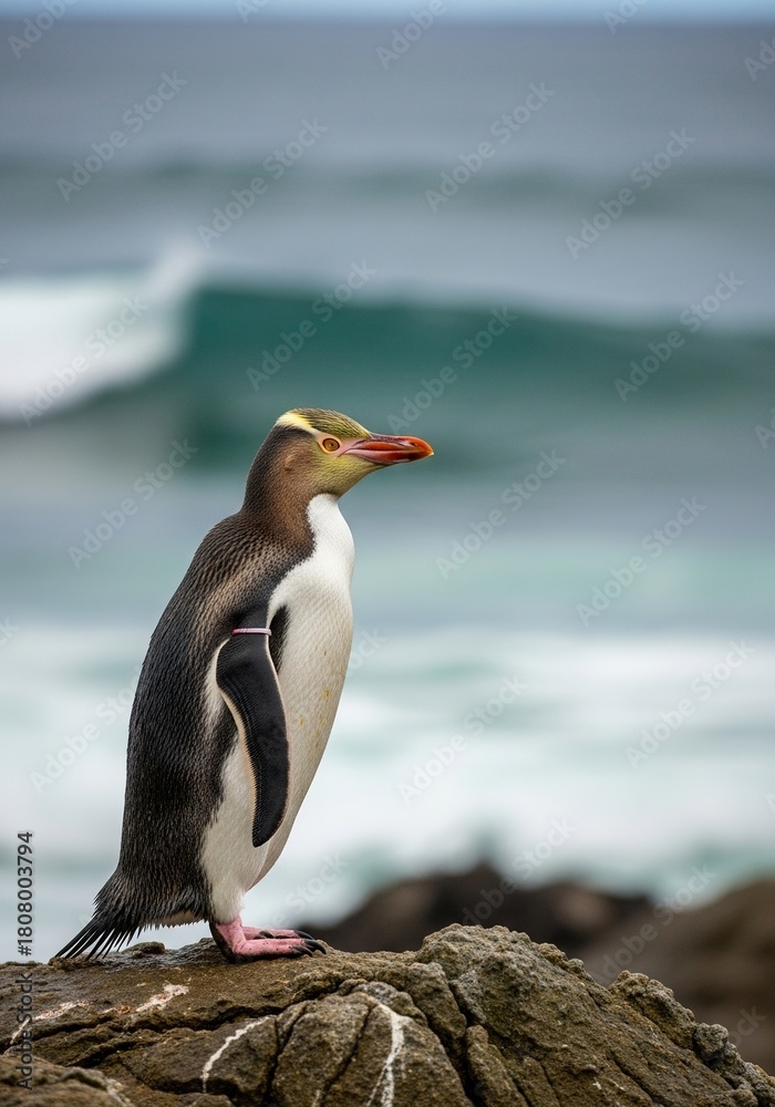 Naklejka premium Rare yellow-eyed penguin standing proudly on rock near ocean waves
