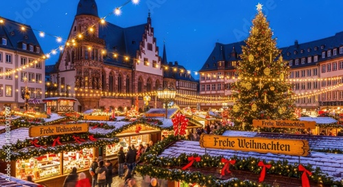 Experience the enchanting glow of a vibrant European Christmas market, alive with festive lights, sparkling trees, and joyful shoppers creating magical holiday memories.