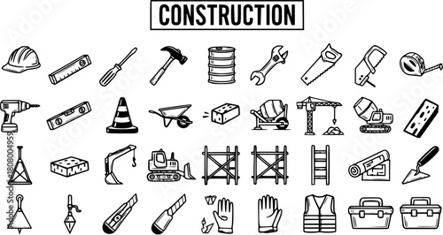 Detailed hand-drawn doodle outline vector icon set featuring various construction tools, equipment, and safety gear, isolated on a clean white background.