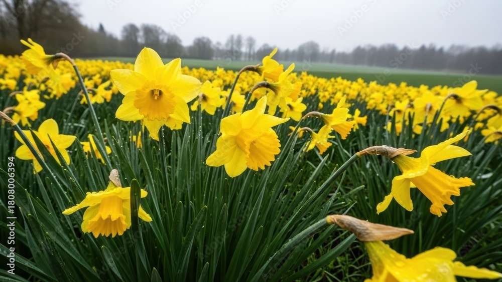 Obraz premium A cheerful field of yellow daffodils on a misty spring morning.