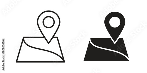 Map icon with thin line and flat web symbol on white background