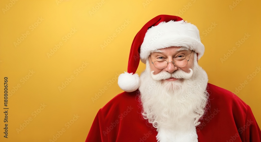 Naklejka premium Cheerful Santa Claus with White Beard Smiling on Yellow Background for Holiday Decorations and Gifts