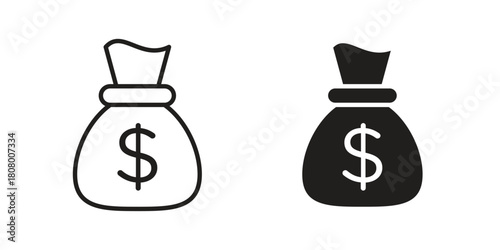 Money bag icon with thin line and flat web symbol on white background