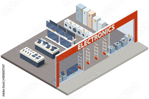 Isometric illustration of a full electronics store interior with TVs, laptops, appliances, checkout zone and security gates at the entrance.