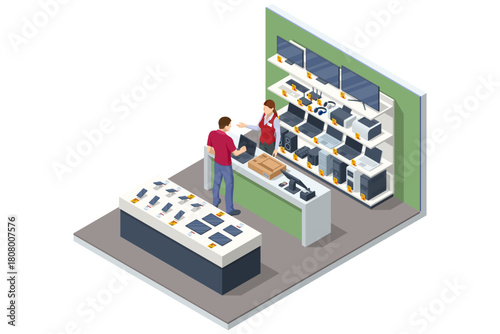 Isometric illustration of an electronics store checkout area where a customer buys a laptop, surrounded by shelves with computers, printers, speakers and accessories.
