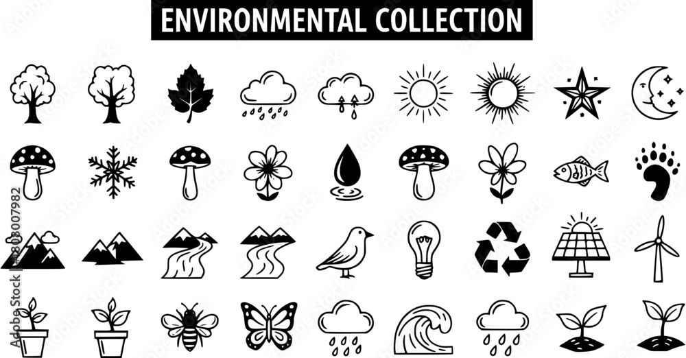 Fototapeta premium Environmental and Nature Collection of Black Outline Vector Icons, Featuring Trees, Weather, Animals, Energy, and Ecology Symbols on White Background