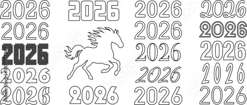 Set of outline numbers 2026 with a horse silhouette. Perfect for New Year designs, coloring pages, templates, posters, calendars, and holiday graphics. Ideal for the Year of the Horse.