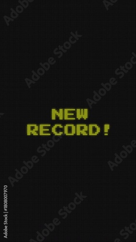 Vertical glitch animation of 8-bit “NEW RECORD” pixel text on a black background with retro distortion and digital noise, perfect for arcade-themed vertical content and achievement clips.