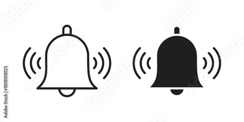 Notification bell icon with thin line and flat web symbol on white background