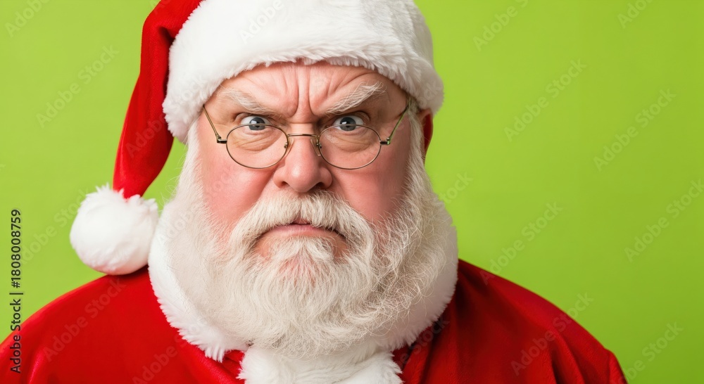 Naklejka premium Angry Older Man in Santa Costume with Beard and Glasses Against Bright Green Background