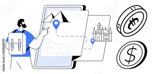 Person with a backpack exploring a travel map featuring routes to landmarks, coins symbolizing budgeting. Ideal for tourism, travel planning, adventure, budgeting, navigation, exploration, simple