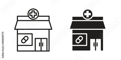 Pharmacy icon with thin line and flat web symbol on white background