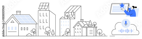 Residential buildings with solar panels, trees, and modern tech. Woman interacting with digital interface, voice assistant cloud. Ideal for sustainability, smart homes, tech innovation, renewable