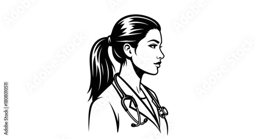 A black and white line art illustration of a female doctor with a stethoscope, shown in profile view.