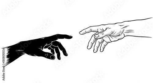Black and white illustration of two hands reaching towards each other, a concept of connection.