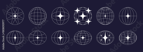 World globe retro grids in oval and round form with stars icons set. earth latitude and longitude line grid. futuristic design elements.