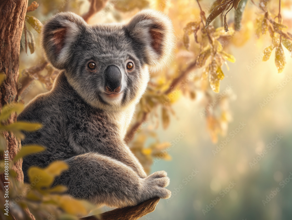 Fototapeta premium Koala resting on a tree branch in a sunny forest during the afternoon