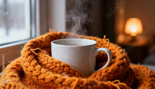 Steaming cup of coffee wrapped in an orange knitted scarf by a window on a cozy winter evening