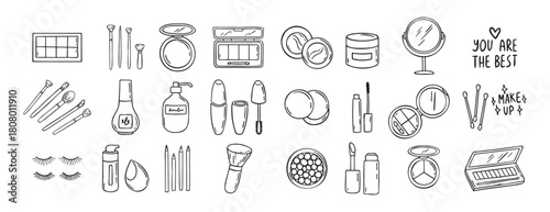 make up beauty doodle hand drawn icon set. Outline drawing cosmetics line clipart symbol