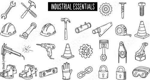 Hand-drawn Industrial Essentials Vector Set: A comprehensive collection of construction tools, safety equipment, and mechanical parts in outline doodle style.